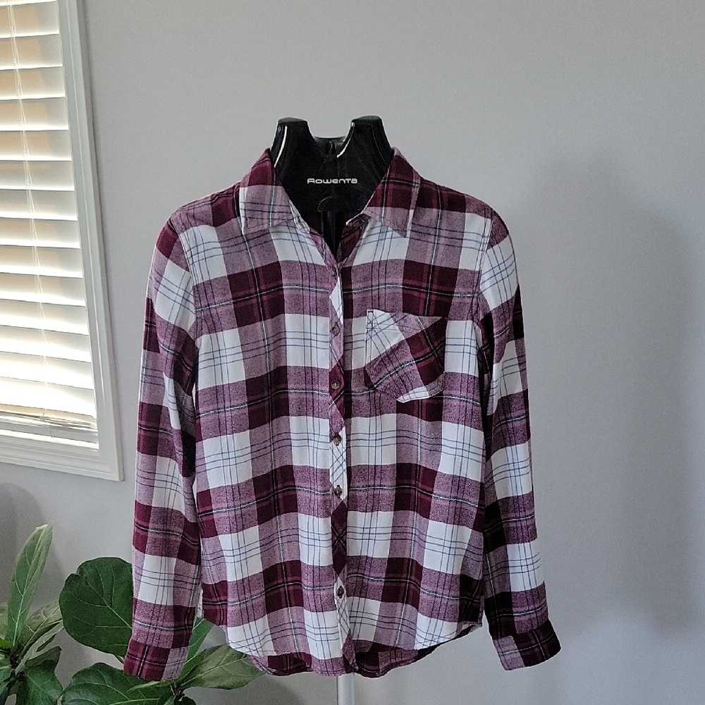Maurices Women's Burgundy and White Plaid Shirt.